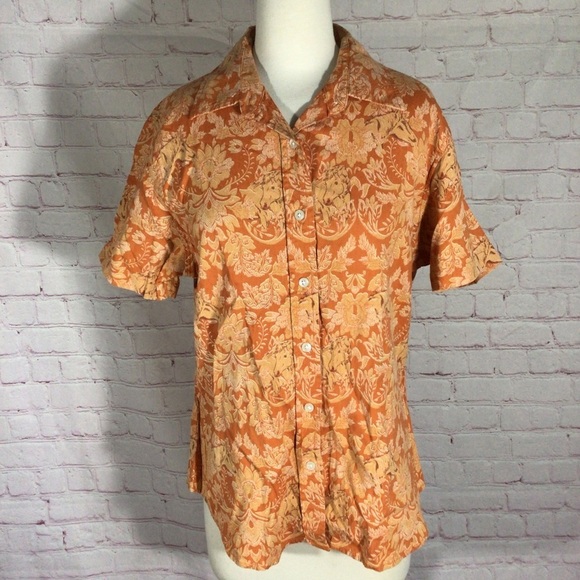 Bit & Bridle Orange Horse Print Button Down Short Sleeve Top - Size Large - Picture 1 of 6